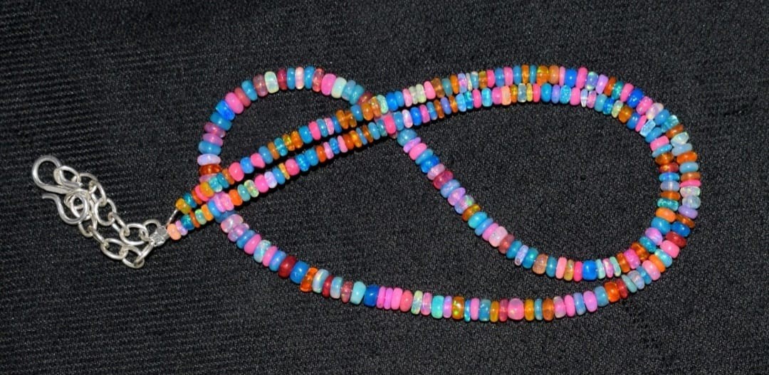 Natural Ethiopian Welo Opal Pink Blue Orange Fire Beaded Necklace 4-6mm 18 in