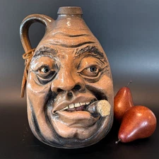Ed Klimek - Wilbur ~ Hand Thrown Clay ~ Large 10" Face Jug ~ Man Smoking Cigar