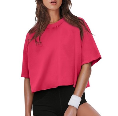 Womens Cotton Oversized Crop Tops Drop Shoulder Loose Workout Casual Tees Shirts