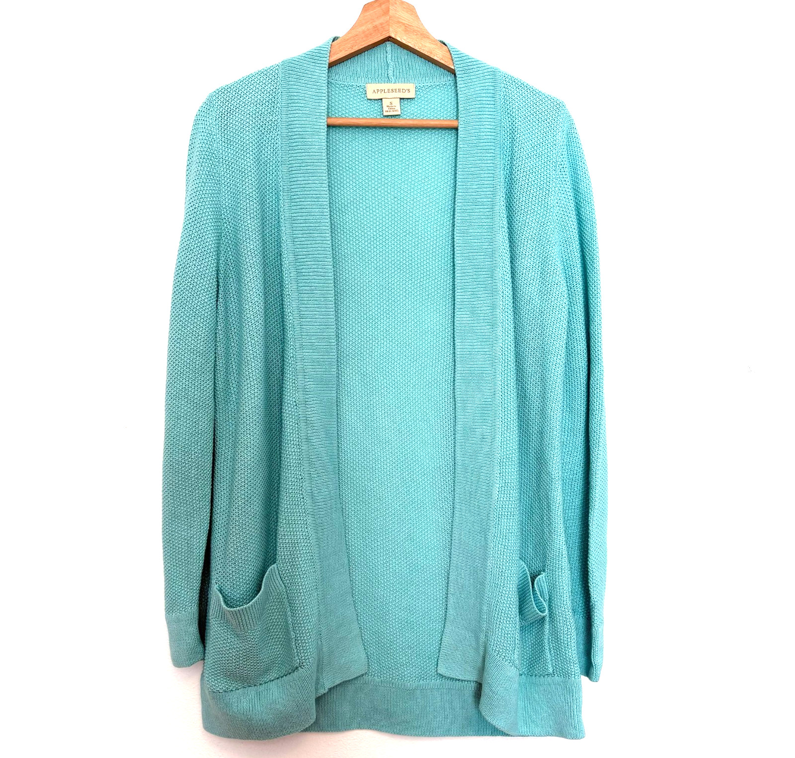 Appleseeds Women's Long Cardigan Pockets, Teal, Linen & Cotton Blend, Size Small