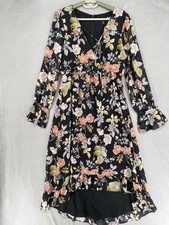 Forever New Dress Womens 10 Black Pink A Line Tie Keyhole V Neck Floral Long