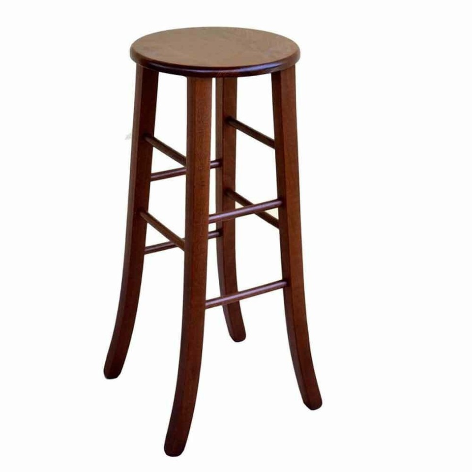 Tabouret H 80 Cm En Bois Noyer Foncé Avec Assise Ronde Et Pieds En Sabre