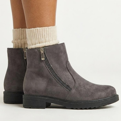 Flache Damen-Stiefeletten Veloursleder Reißverschluss Freizeit neu Fell gefüttert grau Stiefel Größe 3-7 UK
