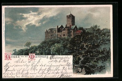 Lithograph Eisenach, view of Wartburg 1901 