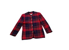 Liz Claiborne Plaid Blazer Gold Button Womens Size 6P Petite VTG Red Blue Check