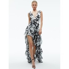 Alice + Olivia Holly Asymmetric Ruffle Dress Black White Raw Hem High Low 8