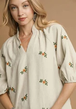 Umgee Embroidered V-Neck 3/4 Puff Sleeve Corduroy Top in Cream