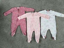 NEXT Baby Girls Set Of 3 Teddy Bear Zip Up Sleepsuits, 3-6 months, VGC