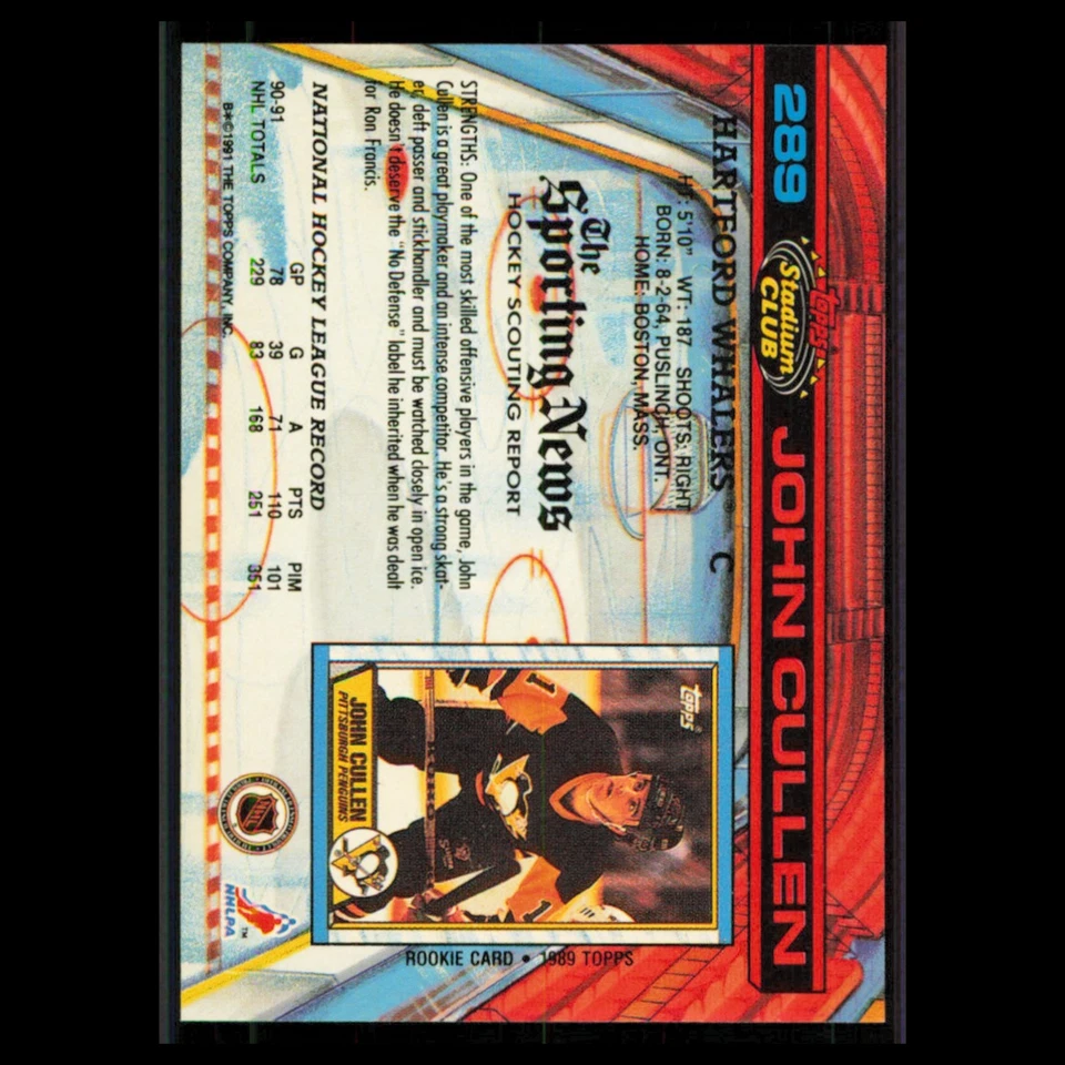 John Cullen #289 1991 Topps Stadium Club Hartford Whalers Hockey Card NHL NM - Image 2 of 3