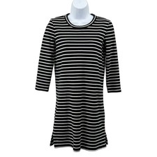 Madewell Women's Striped Dress XS Black/White 3/4 Sleeve Keyhole Back Slit Mini