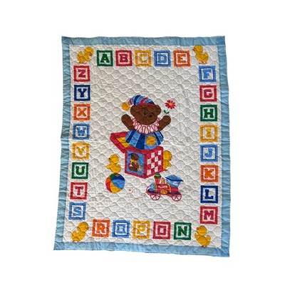 Vintage Baby Quilt Blanket Satin Trim Alphabet Teddy Bear Train Nursery 34x44