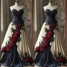 Gothic Black Ivory Wedding Dresses Strapless Red 3D Flowers Vintage Bridal Gowns