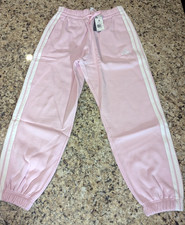 Adidas Womens Essentials 3-Stripes Fleece Loose-Fit Pants JE1272 Pink White sz M