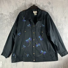 Quacker Factory Women 2X Denim Jacket Dragonfly Black Beaded Shacket Embroidered