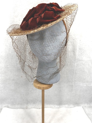 antique hat woman's white straw tip tilt rust ribbon and veil original 1940