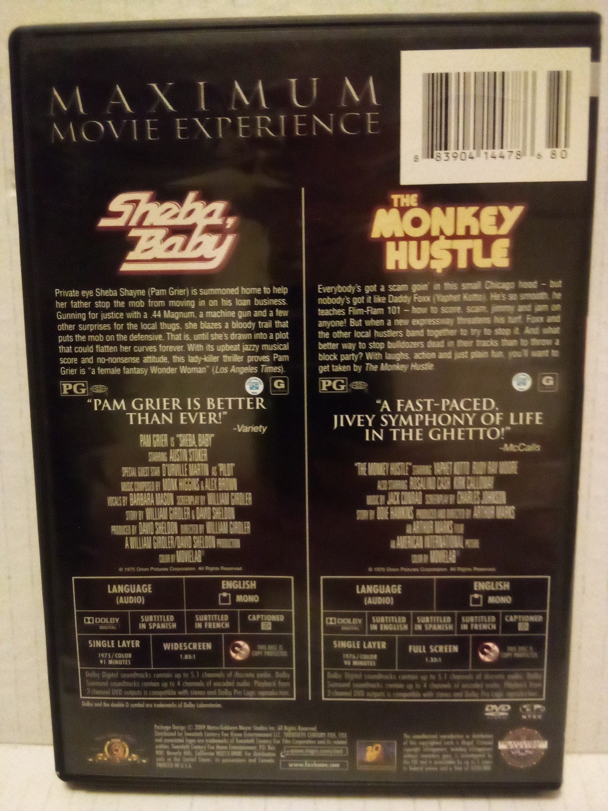 Sheba, Baby /The Monkey Hustle 2-DVD Soul Cinema 1975-76 Pam Grier, Yaphet Kotto