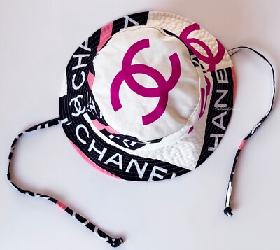 22S CHANEL ECRU BLACK PINK CC LOGO BUCKET CLOCHE HAT S | eBay