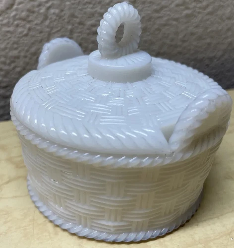 Vintage Milk Glass BasketWeave Small Wicker Look Container Basket w/ Lid 4” wide