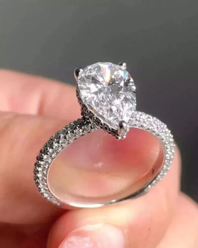 2Ct Pear Cut Lab-Created Diamond Halo Engagement Ring 14K White Gold Plated - Picture 7 of 7