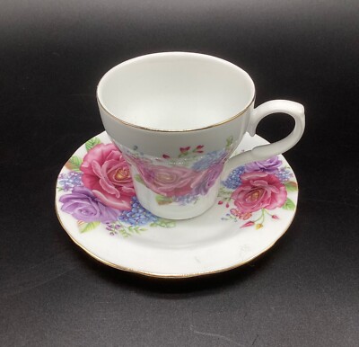 English Tea Store Roses & Hydrangea Large Tea Cup White with Pink & Purple Roses