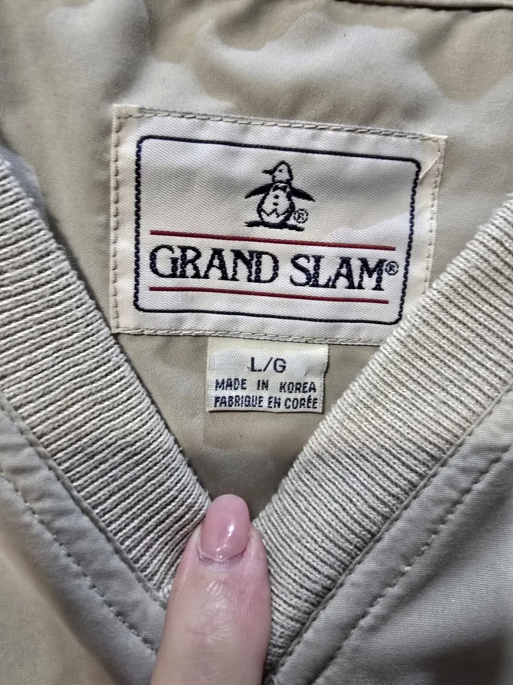 Vintage Grand Slam Golf Windbreaker Jacket Mens L Tan 90s V Neck Pullover Pocket - Image 2 of 4