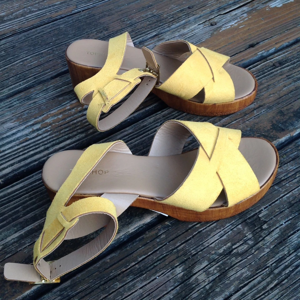 Topshop Top Shop Sandalias Dolly Amarillas 9.5 EU 40 UK 7 Gamuza Cuña Plataforma Zapatos Foto 3 de 4