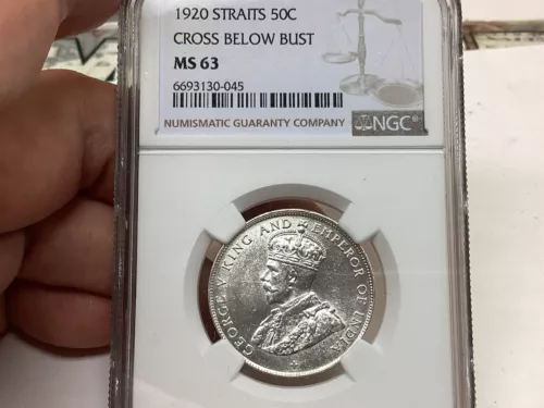 1920 Straits Settlements 50 Cents KM #35.1 NGC Graded MS63 Cross Below Bust UNC