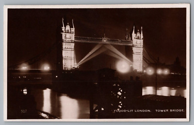 Flood-Lit London Tower Bridge RPPC
