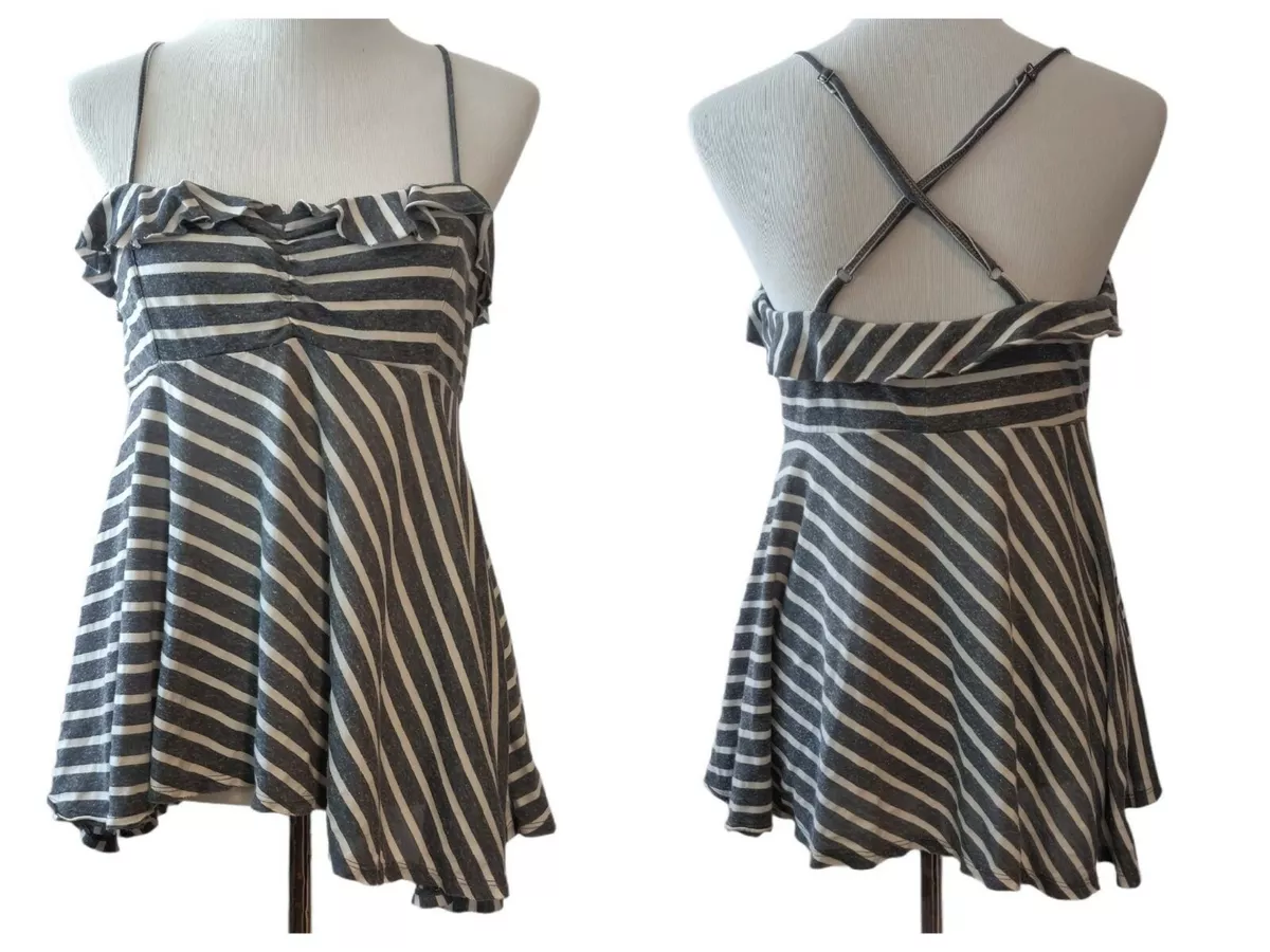 Free People Womens Gray White Striped Ruffle Cross Spaghetti Strap Tank Top L