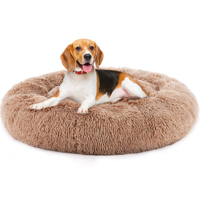 Calming Dog Bed for Medium to Large Dogs, Washable Anti-Slip Round Faux Fur Bed