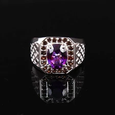 Natural Amethyst & Smoky Quartz Gemstone 925 Sterling Silver Men's Ring #5924