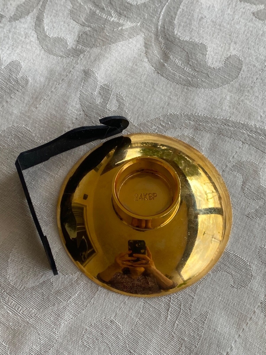 Vintage Japanese 3.5” dia Sake Cup Gold Plated 24KGP Castle Raised