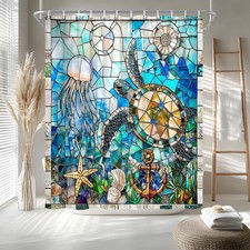 Nautical Sea Turtle Shower Curtain Teal Blue Stained Glass Ocean Coastal Star...