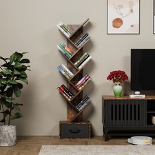 9-Tier Tree Bookshelf with Fabric Drawer, Industrial Bookcase Storage Organizer