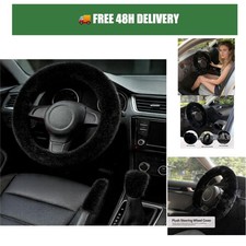 Fluffy Steering Wheel Cover Set 3pcs Faux Fur Gear Shift Handbrake Black