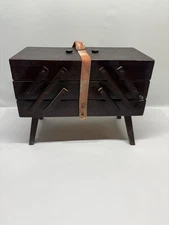 Vintage MCM Wooden Accordion Sewing Box/Cabinet Full Of Vintage Spools/thread