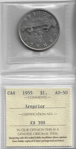 Canada 1955 , $1 Silver Dollar, ICCS Certified AU50, Arnprior Variety