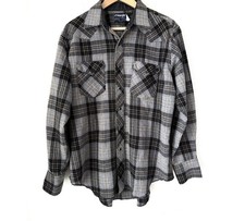 Vintage Wrangler Flannel Western Shirt Mens 17 x 34 Long Tails Grey Black Plaid