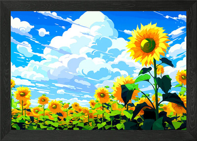 Gerahmtes Wandbild Poster Leinwanddruck Bild Sonnenblumenfeld unter bewölktem Himmel