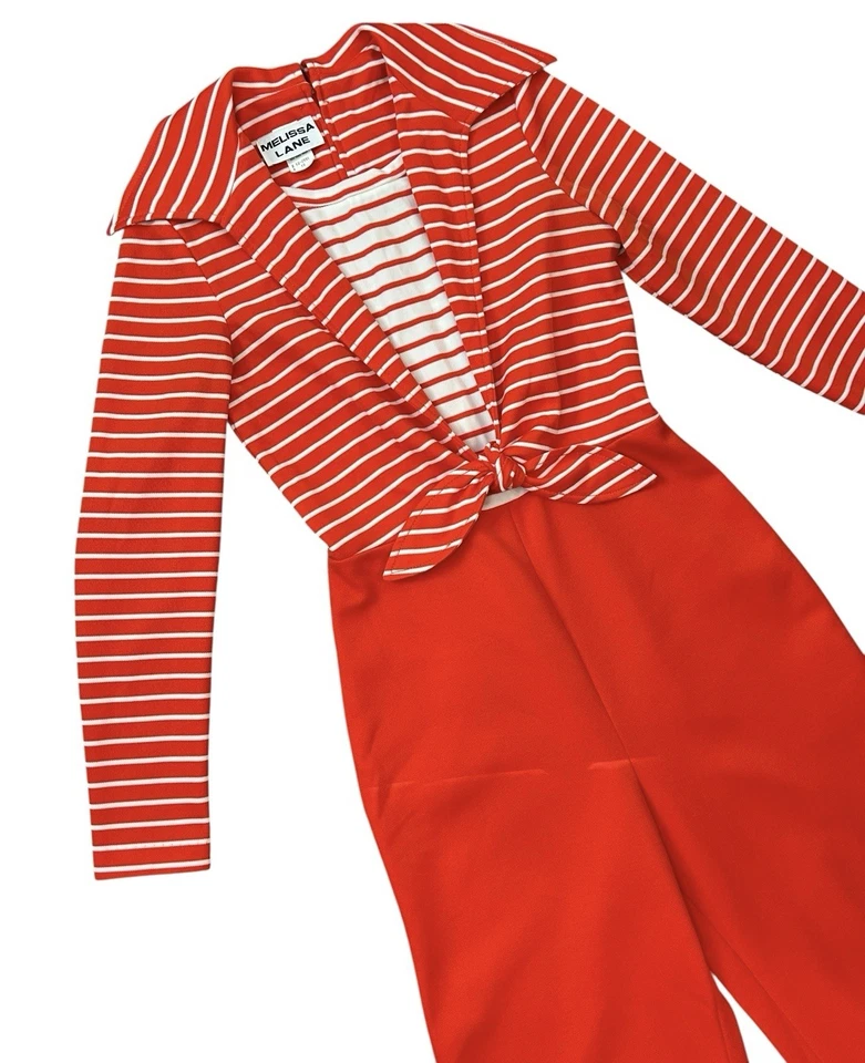 1970s Red Striped Jumpsuit Melissa Lane Women’s 12 Vintage 36 Inch Bust - Image 2 of 4