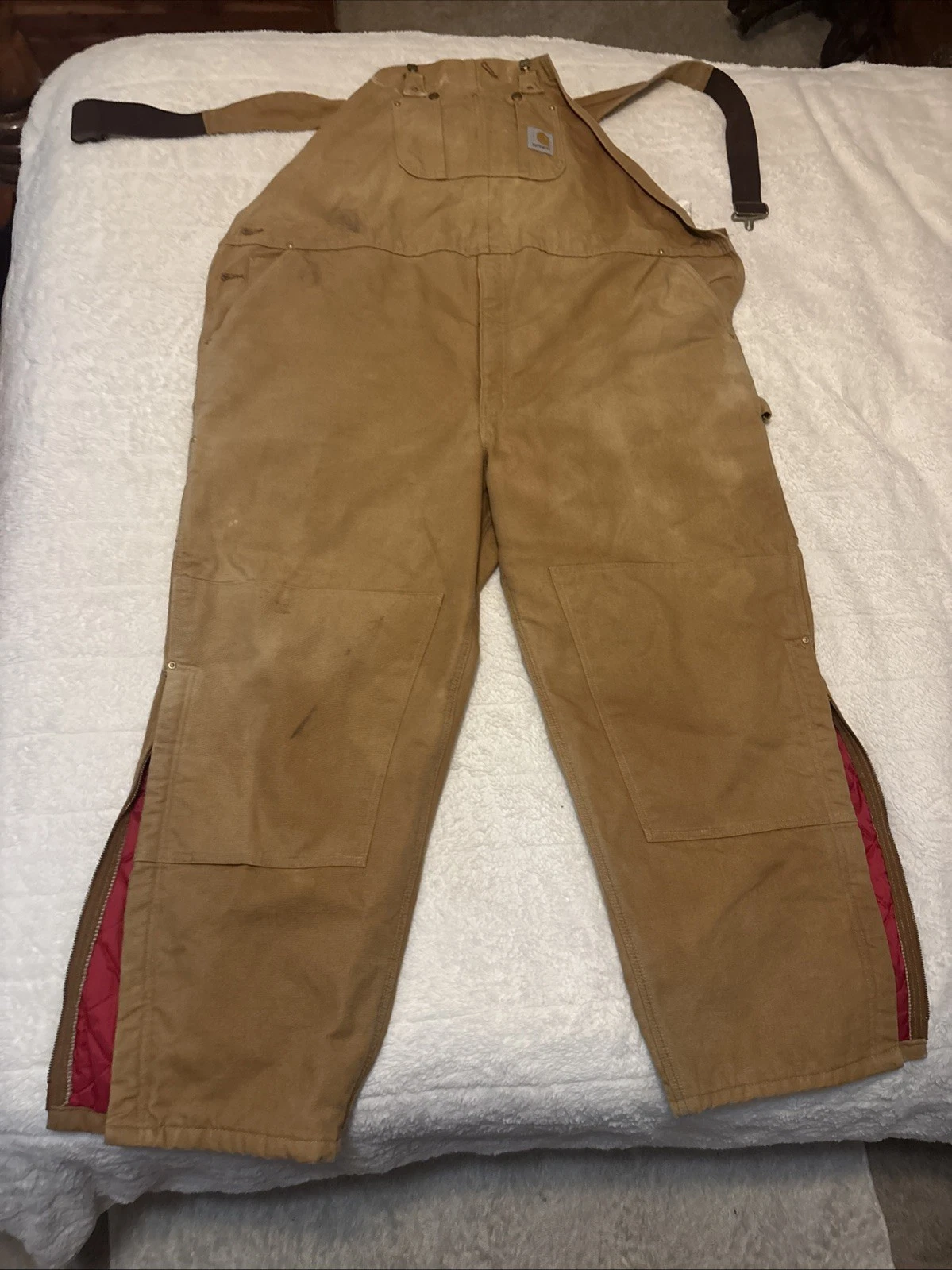 Vtg Carhartt Overalls 54x30 Brown Duck Canvas Quilted Lined Zip Bottom Made USA