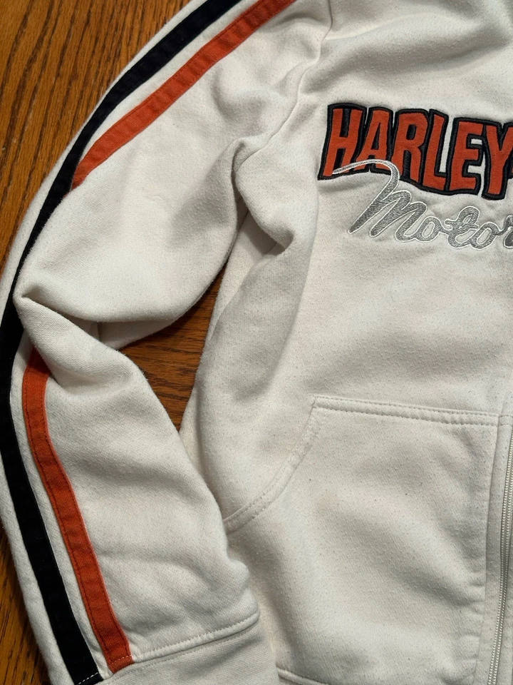 Sudadera con capucha y cremallera para mujer Harley-Davidson blanca/naranja, talla XS Y2K Foto 3 de 4