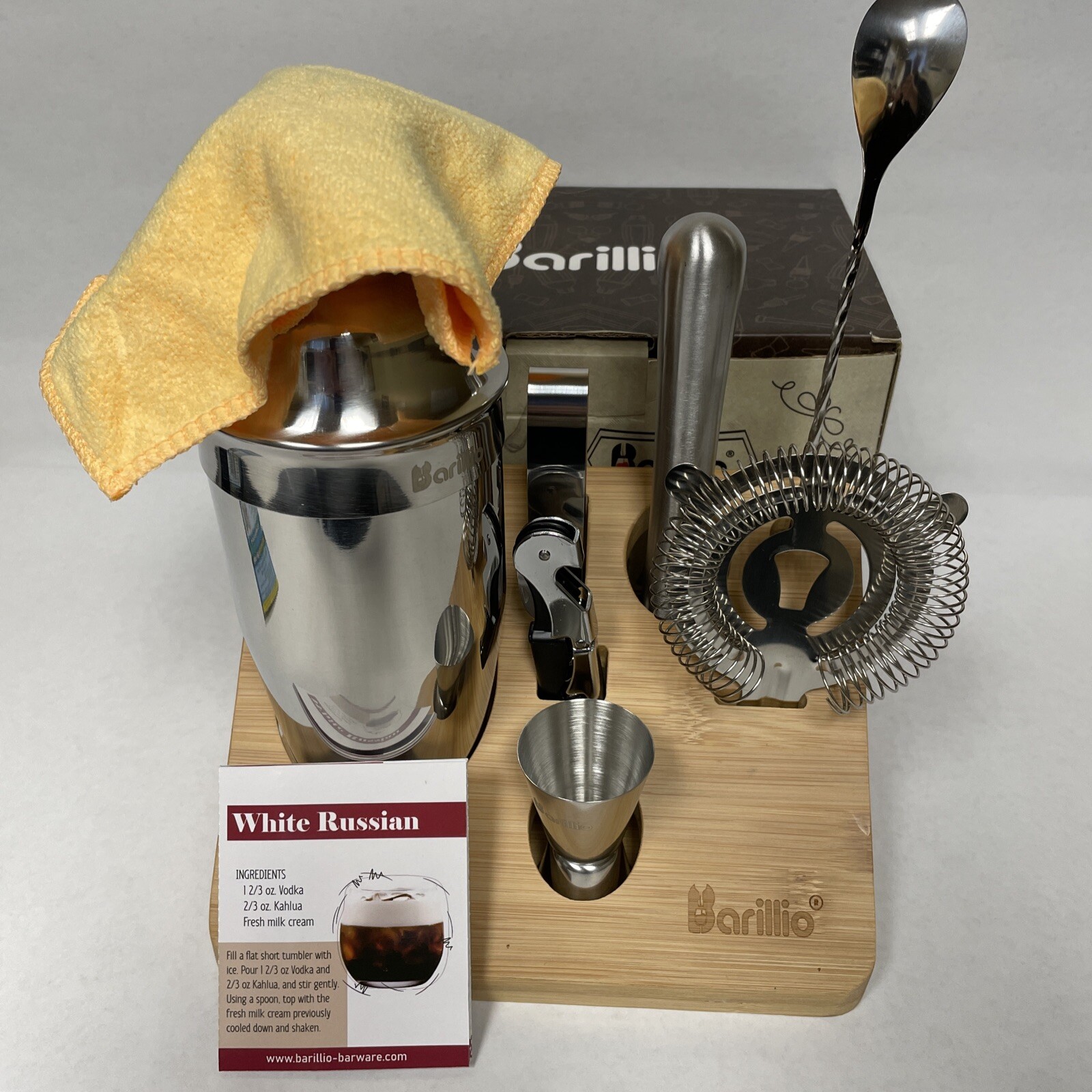 Barillio 10-Piece Mixology Bartender Kit w/ Bamboo Stand Silver Stainless Steel