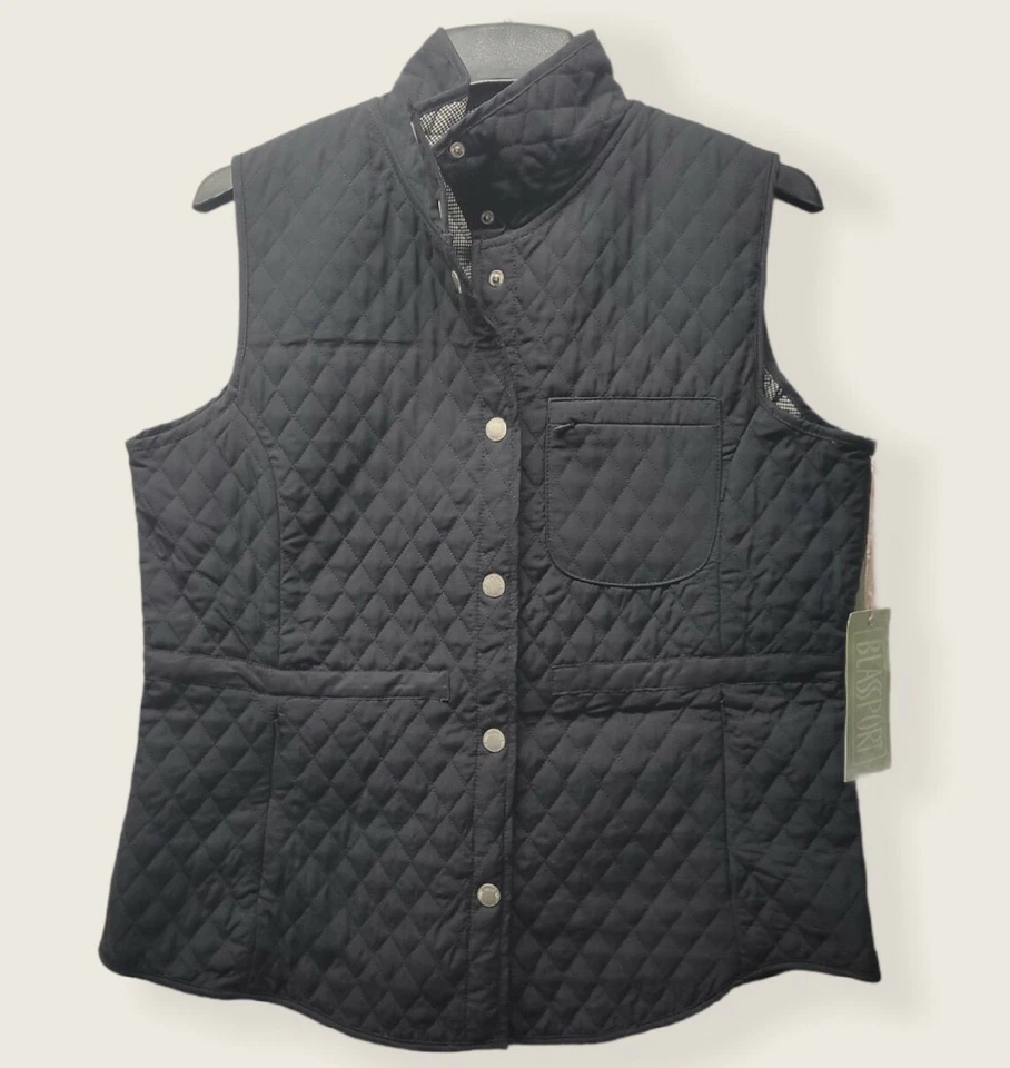 BLASSPORT Womens Large Black Quilted Vest Houndstooth Lining Snap Front NWT $43 - Image 2 of 4