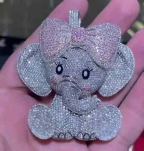 Authentic 3CT Round Real Moissanite Baby Elephant Cartoon Pendant 14K White Gold Plated