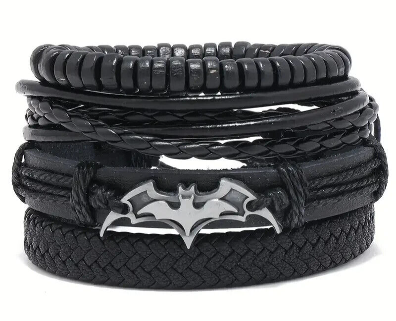 BATMAN BRACELET (4pcs) SILVER LOGO Black Adjustable Cowhide