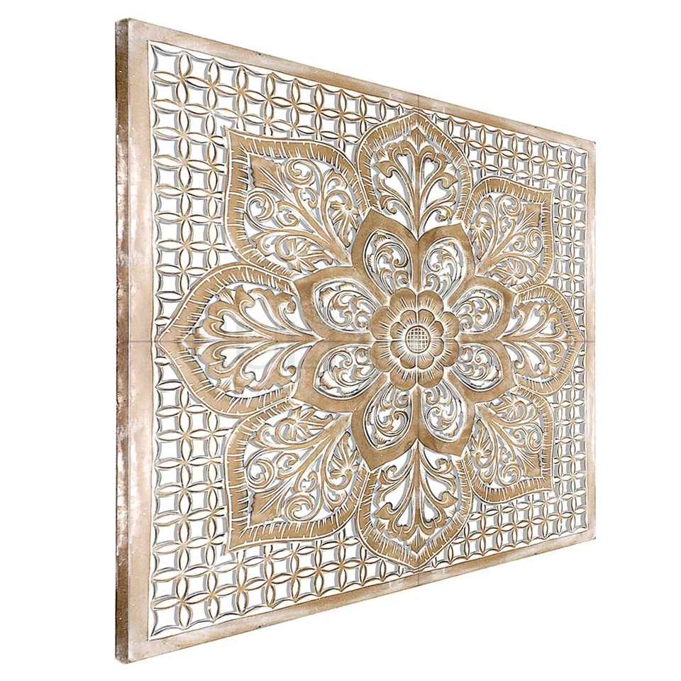 Antiguo cabecero de madera tallado a mano inspirado elegante diseño lavado blanco Foto 4 de 4