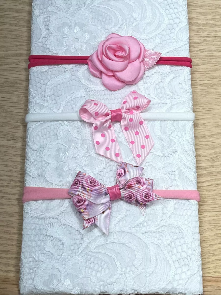 3 BABY XS PREEMIE NYLON HEADBAND DOLL HAIR TIES ROSE BOW PHOTO