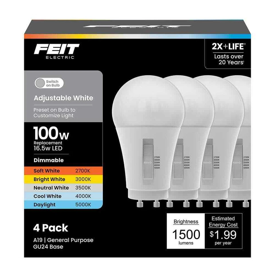Feit Electric 100-Watt A19 Dimmable 90 CRI GU24 Base LED Bulb,Selectable(4-Pack) - Image 3 of 4
