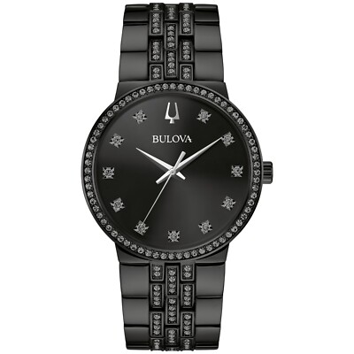 Bulova Men's Crystal Quartz Gemmed Black Stainless Steel Watch 40